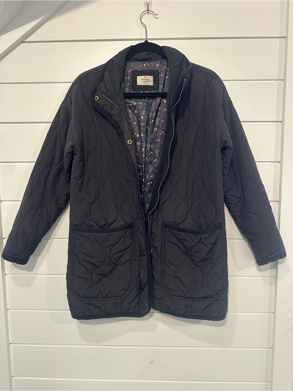 Marine Layer Quilted Black Long Puffer Coat